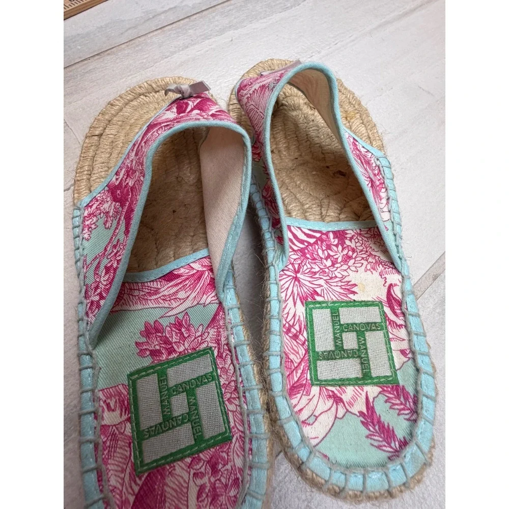 Manuel Canovas Pink Floral Espadrille Platform Sandals Thong Slides France 37‎